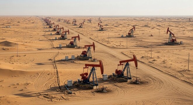 Vast desert landscape dotted with numerous oil pumpjacks actively extracting petroleum in an industrial energy field.