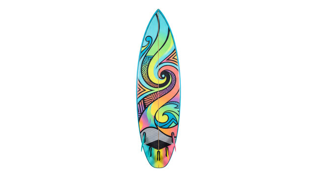 A colorful surfboard featuring intricate tribal patterns and vibrant gradient swirls. Perfect for summer sports, ocean lifestyle, and creative design concepts.