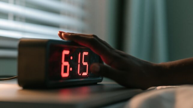 Hand reaching to snooze a glowing red digital alarm clock displaying 6:15 AM on a bedside table in dim morning light.