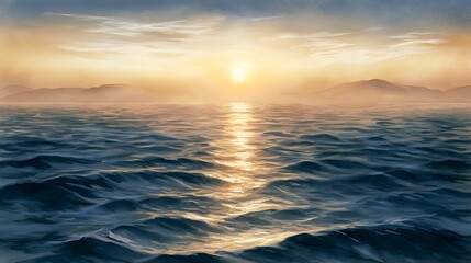Fototapeta premium Serene Watercolor Painting of a Golden Sunset Over Calm Ocean Waves and Distant Rolling Hills