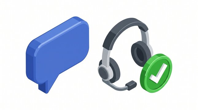 Isometric customer support headset with speech bubble and checkmark symbol