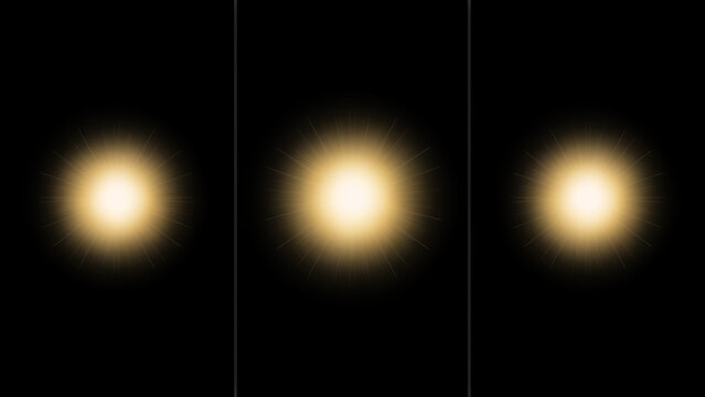 Three glowing golden sunburst or starburst light effects on a solid dark black background