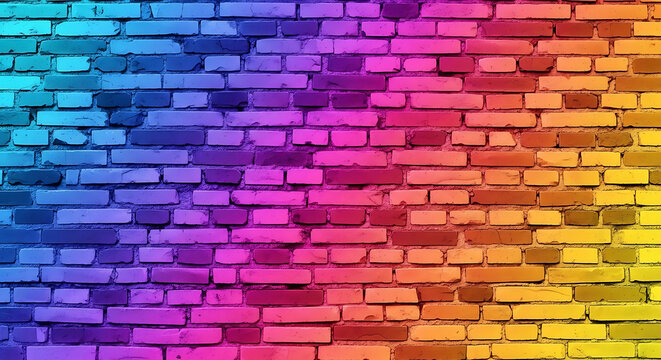 A vibrant brick wall surface painted with a colorful spectrum gradient from blue to yellow with transition blue purple