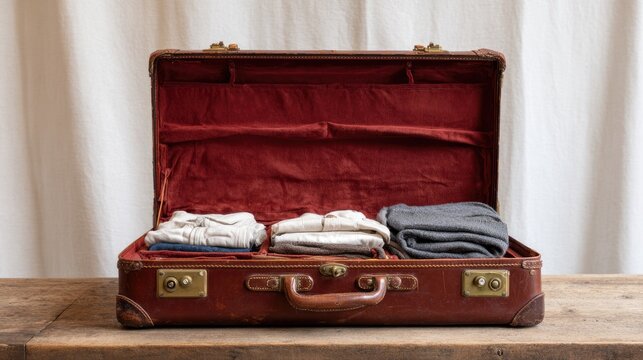 Open vintage leather suitcase with folded shirts and blanket, travel and nostalgia concept
