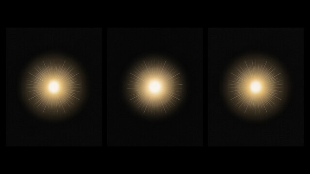 Three glowing golden sunbursts or starburst light effects on a solid dark black background