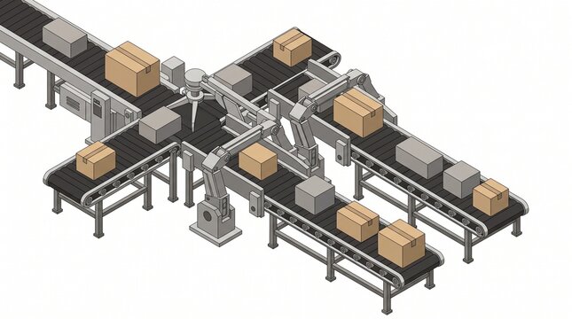 Isometric vector illustration of a modern automated sorting conveyor belt system with robotic arms