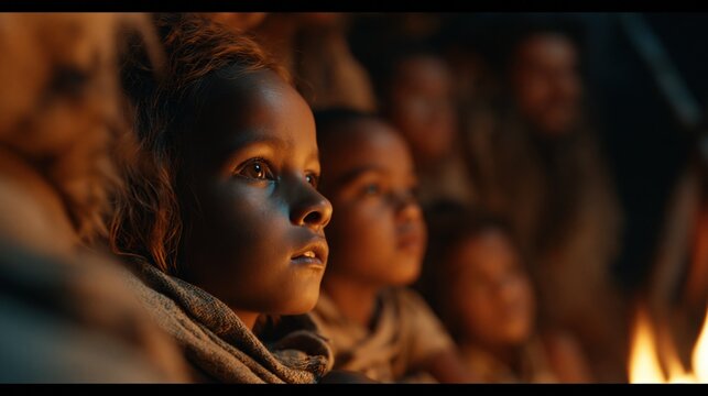 Close-up of diverse children's faces illuminated by warm firelight, conveying wonder and community