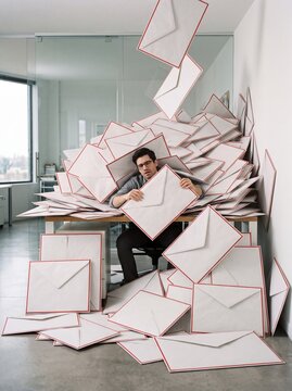 Man buried in mail avalanche, overwhelmed by excessive communication and paperwork overload in an office