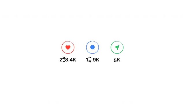 Animated social media interaction count. Viral video increasing like comment share on white background