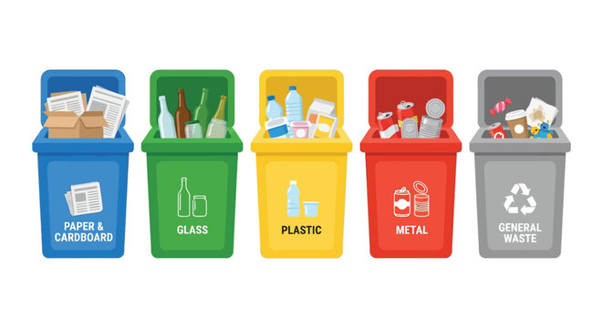 Five recycling bins labeled for paper glass plastic metal and general waste