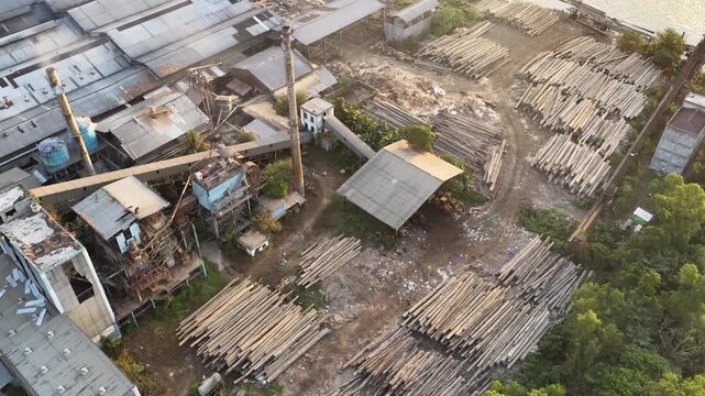 Stacks of logs sit outside a rural timber sawmill during a sunny morning in South Kalimantan