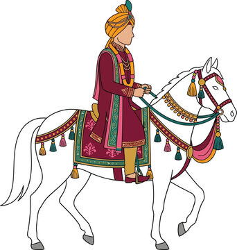 Indian groom riding white horse vector, traditional baraat wedding ceremony illustration, royal dulha in sherwani and turban
