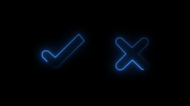 Tick or check mark and cross mark signs neon icon animation. right and wrong animated neon icons, False and true. accept and reject. neon right and wrong icon animation with black background.
