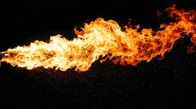 Powerful stream of fiery flames bursting horizontally isolated on black background