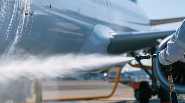 Close-up of an aircraft exterior being meticulously cleaned with a powerful water jet on a sunny day