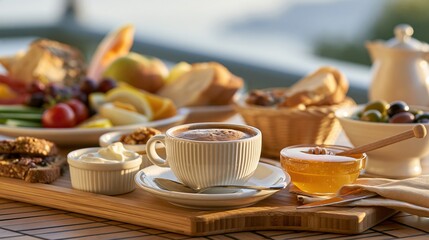 Fototapeta premium Delicious and Healthy Breakfast Spread with Fresh Fruits, Pastries, Coffee, and Honey