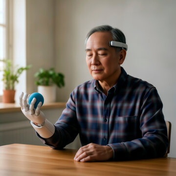 Man testing robotic prosthetic hand with headband sensor indoors.