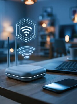 Modern Wi-Fi router with glowing signal waves and digital network icon in a home office setting