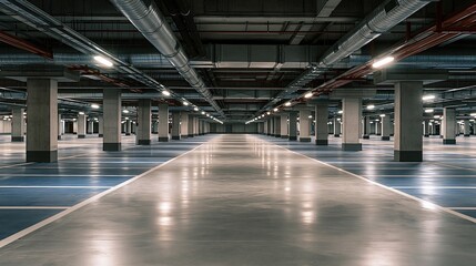 Naklejka premium Vast, Empty Underground Parking Garage with Rows of Concrete Columns and Bright Overhead Lighting