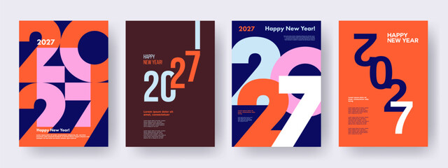 Naklejka premium Creative concept of 2027 Happy New Year posters set. Design templates with typography logo 2027 for celebration and season decoration. Minimalistic trendy backgrounds for branding, banner, cover