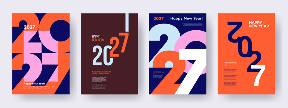 Creative concept of 2027 Happy New Year posters set. Design templates with typography logo 2027 for celebration and season decoration. Minimalistic trendy backgrounds for branding, banner, cover