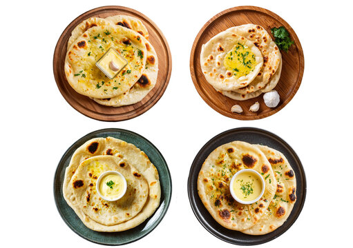 Set Indian naan bread with garlic and butter isolated on transparent or white background