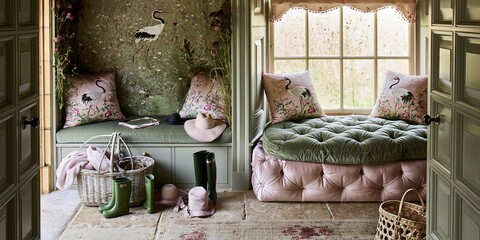 Fototapeta premium Charming Countryside Retreat with Floral Crane Motifs and Cozy Seating Nooks