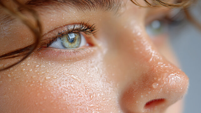 Extreme close-up of a child's eye with water droplets on skin for skincare or health background and detailed macro design