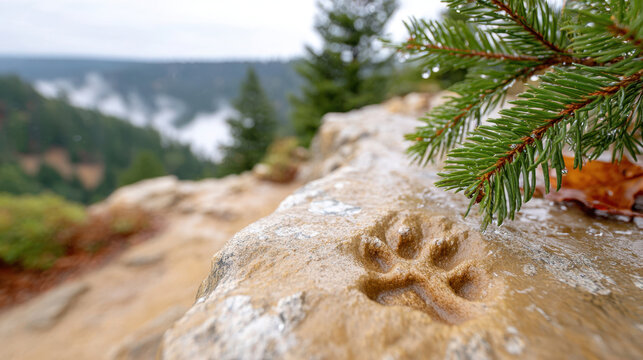 Animal paw print embedded in rock near evergreen branch overlooking misty forest valley and distant hills on rugged cliff edge during cool outdoor landscape scene