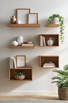 Modern wood floating shelves displaying decor, books, and plants in a minimalist home interior