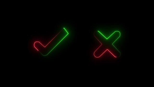 Tick or check mark and cross mark signs neon icon animation. right and wrong animated neon icons, False and true. accept and reject. neon right and wrong icon animation with black background.
