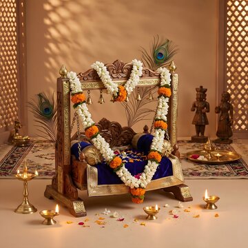 Beautifully decorated wooden Krishna Jhula with jasmine flower garlands and peacock feathers for Janmashtami celebration, featuring warm oil lamps in a serene temple setting.