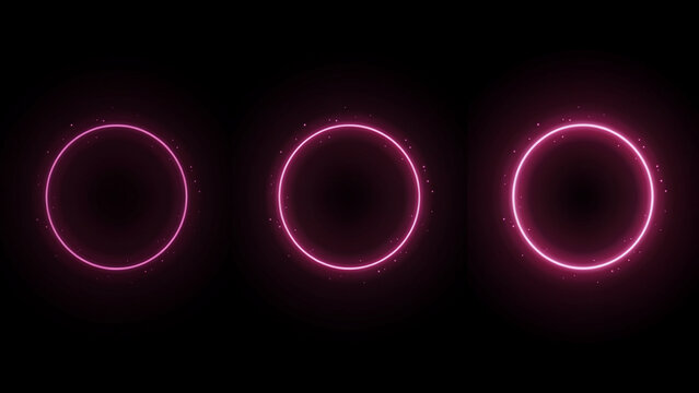 Three glowing neon pink circles with particle effects on a solid black background