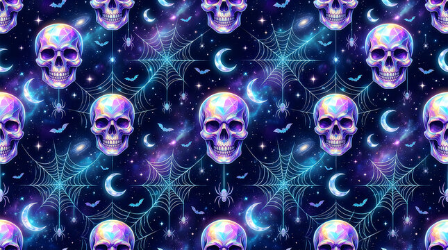 Seamless pattern with iridescent skulls and glowing spider webs on a dark cosmic space background