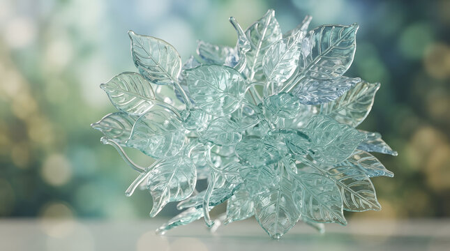 Intricate crystal leaf arrangement forming a bouquet against a nature bokeh backdrop with crystal leaves glass leaves crystal foliage glass sculpture