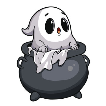 Cute ghost sitting inside a black witch cauldron vector illustration. Spooky cartoon character design for Halloween party decoration, trick or treat event