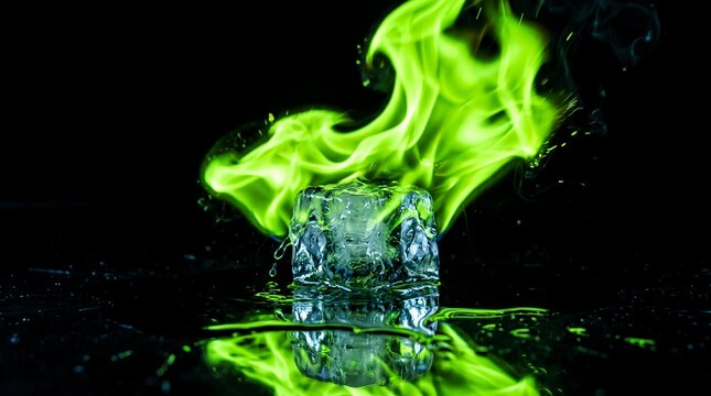 Ice Cube Burning with Green Fire on Reflective Surface