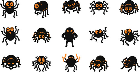 Fototapeta premium Collection of cute cartoon spiders in various poses isolated on a white background for halloween design projects