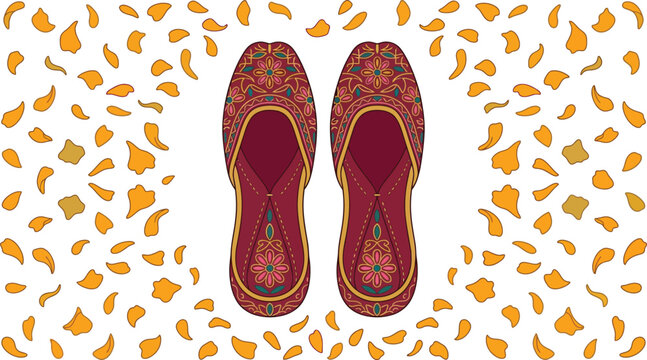 Traditional Indian mojari footwear vector, ethnic embroidered jutti shoes with floral patterns, maroon bridal khussa flat shoes on petal background
