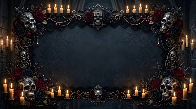 Dark gothic background featuring an ornate frame decorated with glowing candles and human skulls for spooky holiday celebrations