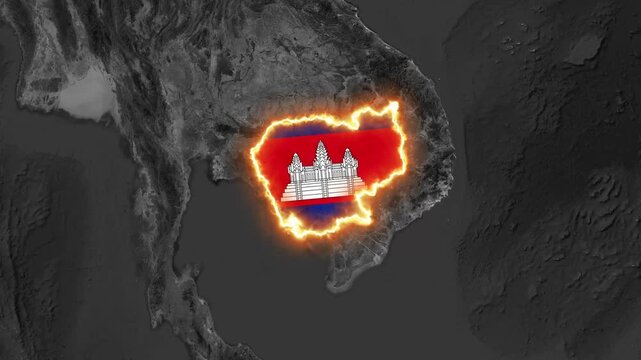 Glowing Cambodia Map Highlighted with National Flag on World Map Motion Graphic Animation