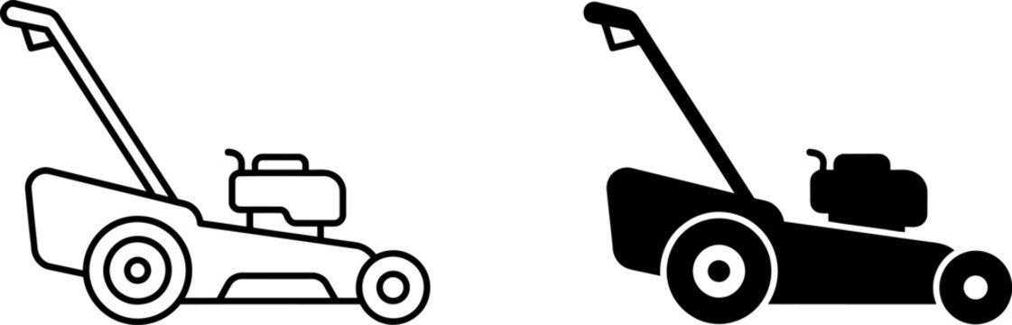 Gasoline lawn mower garden tool equipment silhouette and outline icon vector with mowing equipment grass cutter yard maintenance landscaping tool motor mower