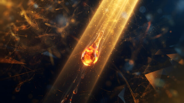 Fiery glowing droplet falling through a golden light beam surrounded by particles and debris with falling drop molten lava dark environment burning spark