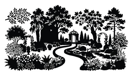 Obraz premium Silhouette garden landscape. Two black and white decorative seamless patterns with trees, shrubbery, and a winding path. Plant silhouettes for backgrounds. Decoration isolated PNG with