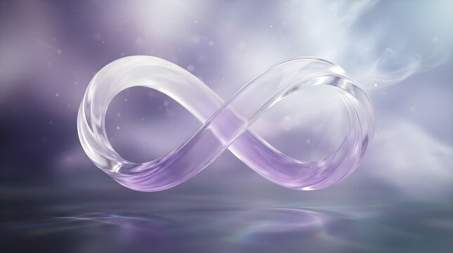 Translucent glass infinity symbol floating above a reflective water surface with ethereal purple mist glass sculpture floating loop water reflection