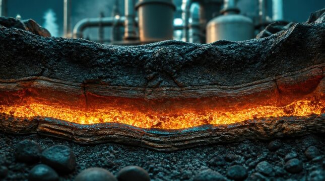 Underground cross section showing glowing magma layer beneath industrial plant