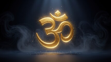 Fototapeta premium A glowing golden Om symbol illuminated by a spotlight, surrounded by floating particles and a misty dark background.