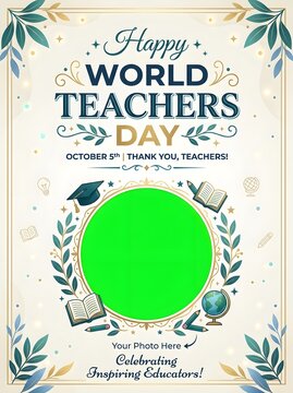 Happy World Teachers Day greeting card template with a circular photo placeholder frame.