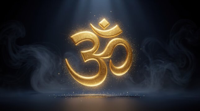 A glowing golden Om symbol illuminated by a spotlight, surrounded by floating particles and a misty dark background.