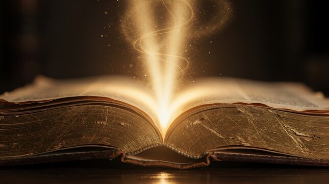 An open book with glowing magical light and sparkles rising from its center, evoking a sense of mystery and enchantment.